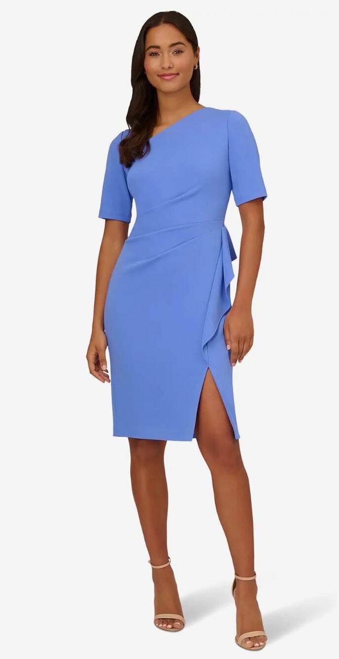 Adrianna Papell Draped Knit Crepe Sheath Dress Periwinkle Blue Size 4 NWT